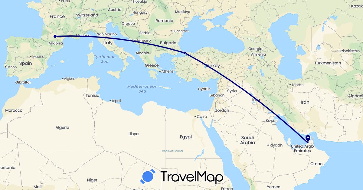 TravelMap itinerary: driving in United Arab Emirates, France, Turkey (Asia, Europe)